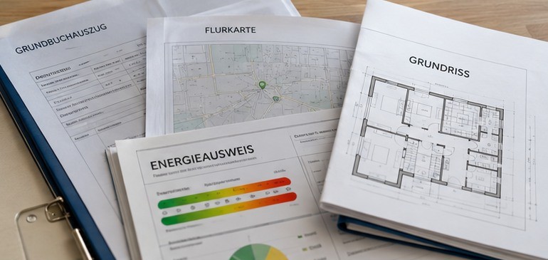Grundriss und Unterlagen für eine Immobilienbewertung